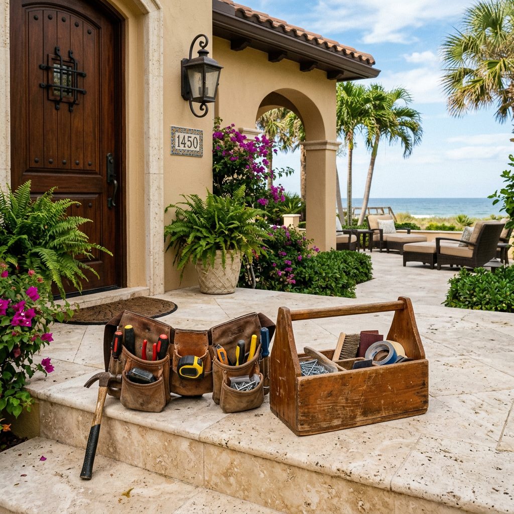 Leather tool belt and wooden tool tote on the front steps of a Florida stucco home with the ocean visible behind — illustrative of Jax Ops technicians arriving on a Northeast Florida job