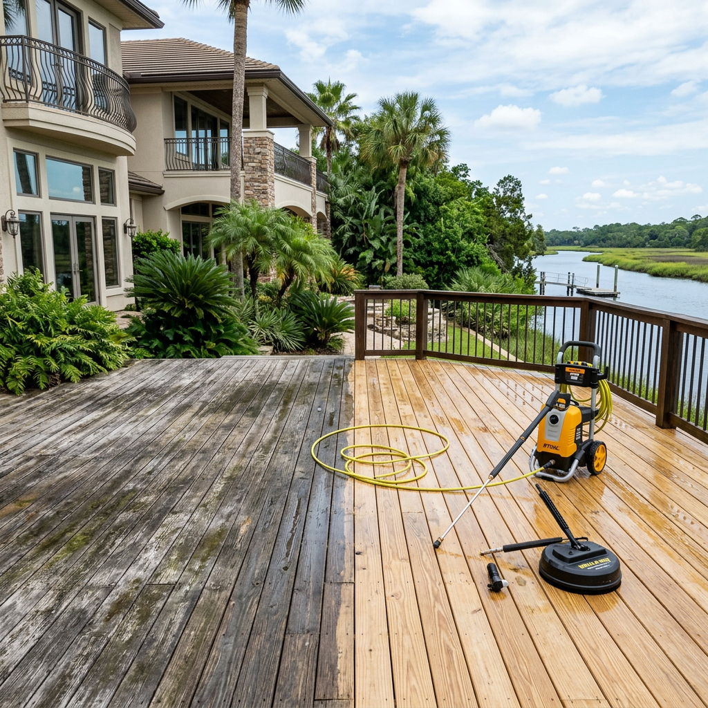 Wooden deck mid-pressure-wash with visible water spray and clean strip showing through grime