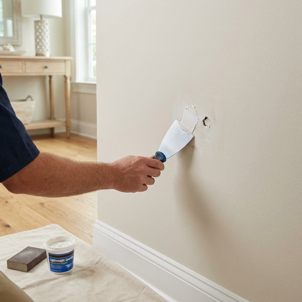 Drywall patch being smoothed on an interior wall