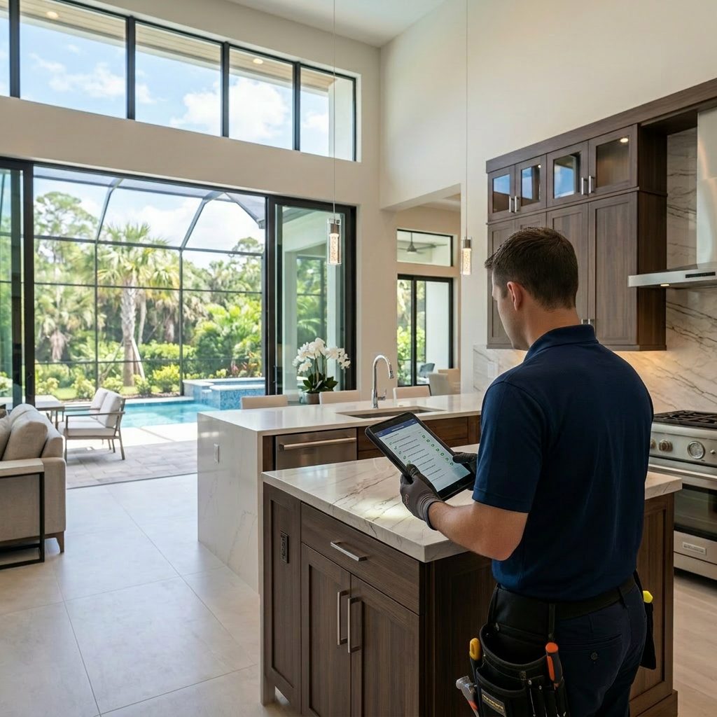 Technician with a tablet conducting a property condition inspection in a modern home — illustrative of inspection work