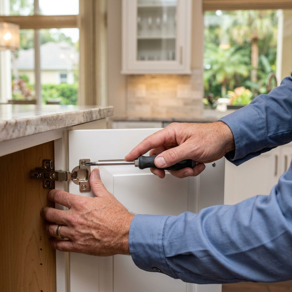 Hands installing a cabinet door hinge with a screwdriver — illustrative of installation and mounting work