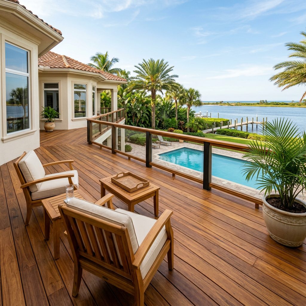 Recently restained wooden deck overlooking a pool and water view — illustrative of outdoor maintenance work