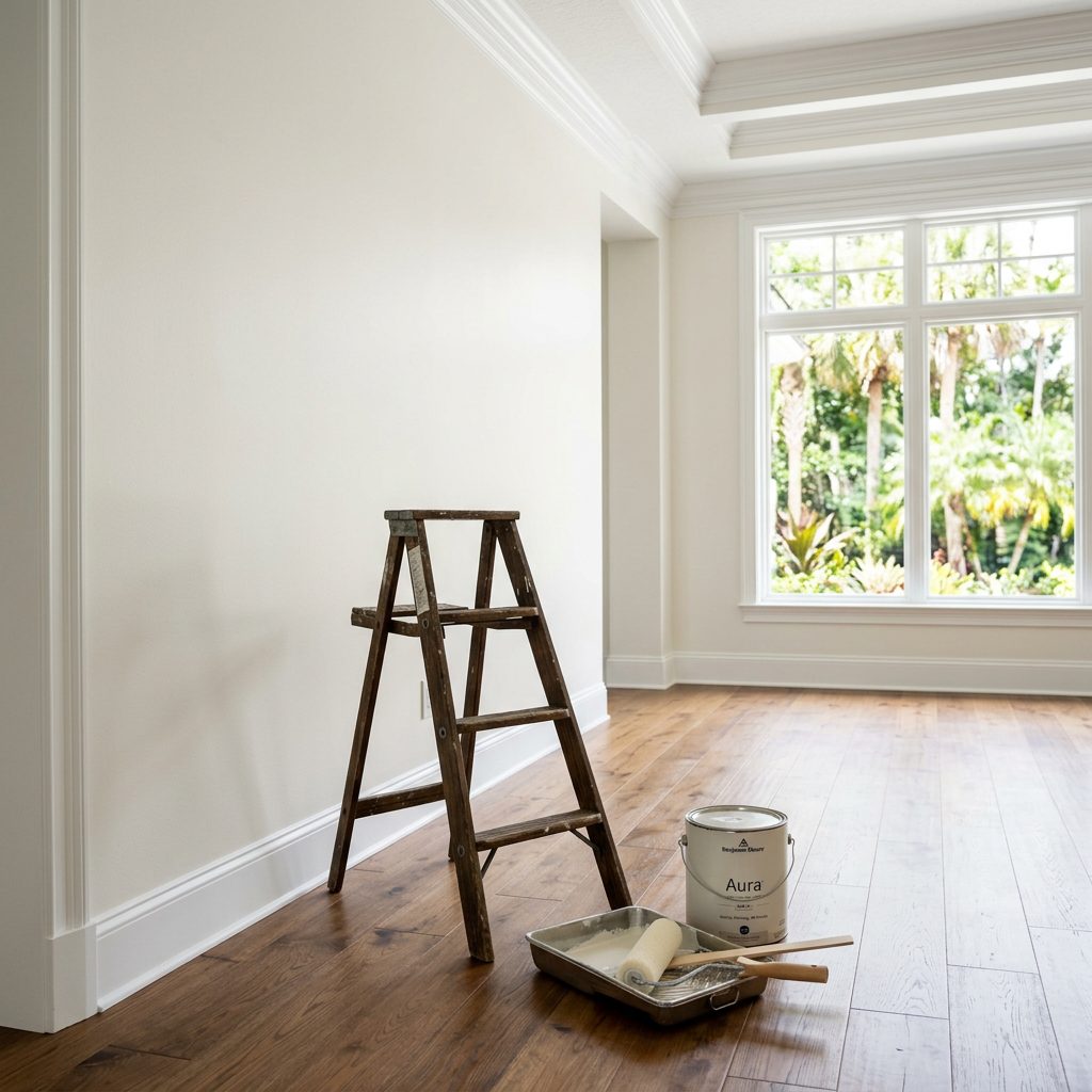 Empty room with a step ladder and paint can ready for a fresh coat — illustrative of painting work