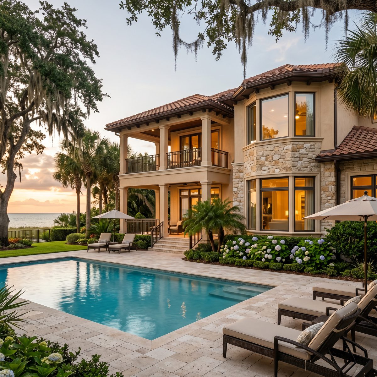 Luxury Florida home exterior at golden hour with pool, palm trees, and water view — illustrative of listing photography