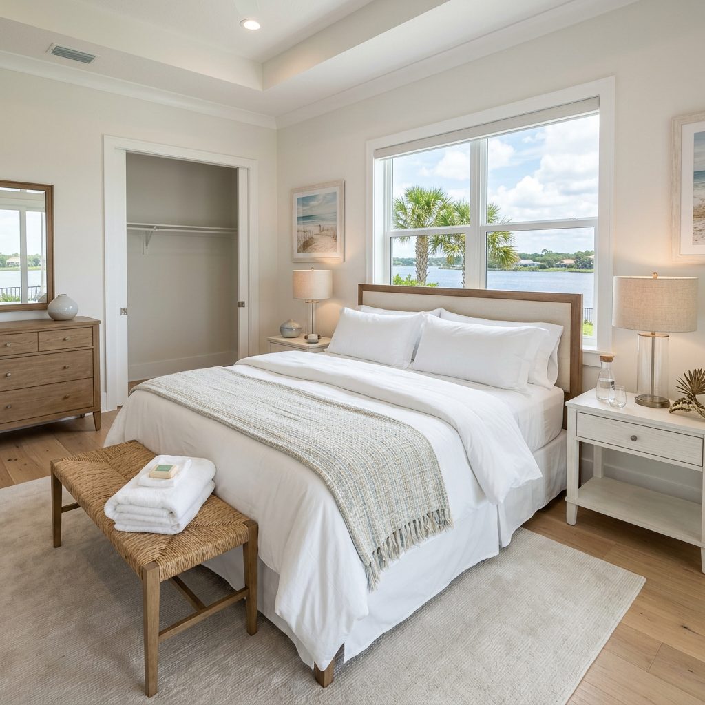 Freshly turned-over bedroom with crisp white linens and a fresh towel set — illustrative of make-ready work